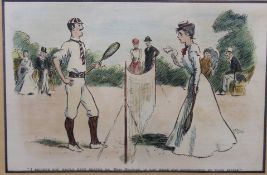 engl. Karikatur-Druck, älter, Tennis, ger./Glas, RG 29,2 x 33cm