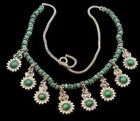 Silber Collier mit Malachit, geprüft, L-ca. 45 cm, 30,1 gr., um 1900?