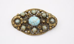 ovale Modeschmuck-Brosche, türkisfarbene Steine, ca. 4,8cm