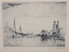 unleserl.signierte Radierung, Ansicht Zürich, ger./Glas, RG 22,5 x 28cm