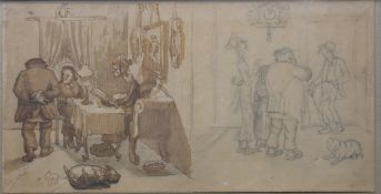 Zeichnung/Mischtechnik, wohl H. Zille, älter, 2 Motive in einem, verso Skizzen, keine Signatur, mit