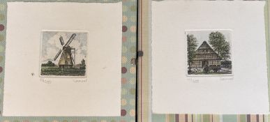 2x kl. Farbradierungen, sign. Sommer, /500 er Auflage, je 12x12 cm