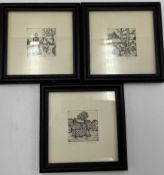 Rüb, 3x kl. Lithos, sign. und Nummer 138/500, ger/Glas, 11x11 cm