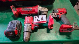 LOT - MILWAUKEE DRILL, IMPACT GUN, GRINDER & (1) BATTERY