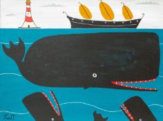 Stephen CAMPS (1957) Three Whales, a Boat and a Lighthouse