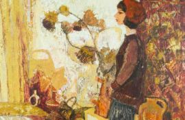 BARKER (?) Figure with Red Beret Beside Pots and Flowers