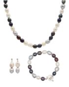 A three-piece set of freshwater cultured pearl jewellery, boxed.