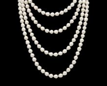 A white cultured freshwater pearl rope necklace.