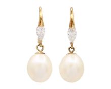 A pair of 9k gold freshwater cultured pearl and CZ pendant earrings.