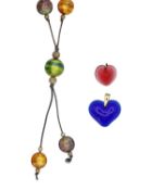 LALIQUE Telline red glass heart pendant, a blue glass heart pendant, and a ANTICA MURRINA necklace.