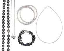 A selection of silver jewellery items, and a hematite bead necklace and bracelet.