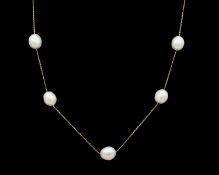 A very fine 9k gold necklace set with five spaced freshwater pearls.