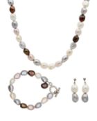 A three-piece set of multicolored cultured freshwater pearl jewellery.