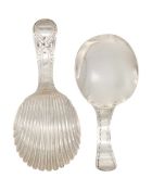 Two George III silver bright cut caddy spoons by Peter & Ann Bateman.