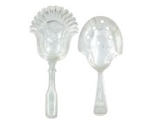 Two Georgian silver bright cut caddy spoons by Joseph Taylor.