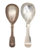 Two Victorian silver caddy spoons by George Unite, both with fiddle handles.
