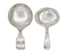 Two George III silver bright cut caddy spoons by Joseph Taylor.