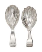 Two similar 19th-century overlapping leaf of feather embossed bowl caddy spoons.