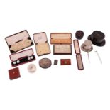 A collection of gentlemen's accessories and stick pins, including a cased fox and hunting motif