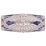 An Art Deco sapphire and diamond-set brooch, of architectural design; the rounded rectangular