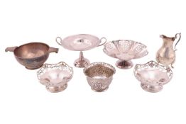 A collection of bonbon dishes, a silver cream jug and a plated quiach; including a pair of pierced s