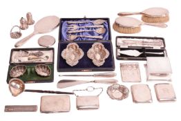 A collection of silver items and silver-plated flatware; to include examples of a silver dressing ta