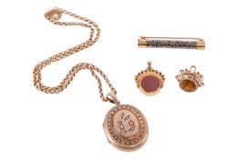 A small group of jewellery items, including a 9ct gold swivel fob, set with tiger’s eye, onyx and ca