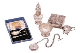 A group of silver and white metal items, comprising a silver sugar caster by William Henry Sparrow, 