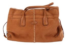 Tod's - a shopping tote in tanned suede and fur trim, leather lined, equipped with two rolled leathe
