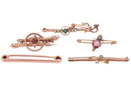 A collection of gem-set bar brooches; comprising paste and seed pearl bar brooch of floral crossover