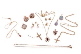 A group of 9ct and yellow metal jewellery; including a 9ct gold cross pendant, an opal triplet penda
