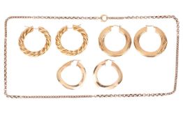 Three pairs earrings and a chain; comprising two pairs of hollow hoop earrings, one of rope-twist de