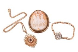 A locket pendant on chain, a bracelet and a cameo brooch; the locket pendant of oval shape, with scr