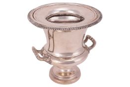 An Old Sheffield plated two-handled campagna urn wine cooler, with gadrooned rim, with foliate cast 