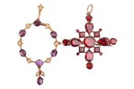 An amethyst and seed pearl pendant, of foliate design, in a yellow metal mount tested as 9ct gold, t