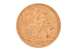 A Queen Victorian full sovereign, dated 1899, veiled head to the obverse.