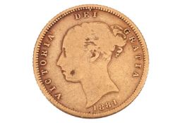 A Queen Victoria half sovereign, 1881, obverse young head with shield back to the reverse.