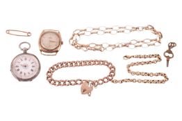 A group of chains and timepieces, comprising a 9ct gold curb-link bracelet completed with 9ct gold h