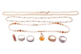 A small group of gem-set jewellery items; including a 9ct gold rainbow sapphire half-hoop ring in si