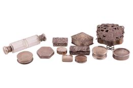 A silver trinket box, the pierced silver cover depicting a 16th-century lady in a rural setting with