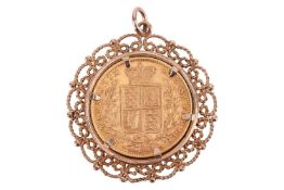A Queen Victoria full sovereign pendant, featuring an 1879 full sovereign with young head on the obv
