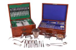 Two silver-plated canteens in brass-bound oak boxes, together with a small quantity of silver-plated