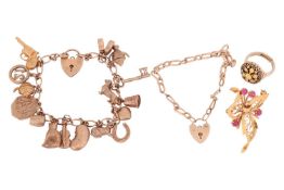 A small group of 9ct gold jewellery items and another; the charm bracelet containing sixteen various