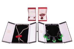 A Baccarat 'Psydélic' necklace and earrings set, cased; an Art Deco necklace by Jakob Bengel with sp