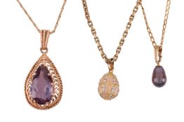 Three pendant on chains; including a synthetic colour-change sapphire pendant, the claw-set stone me