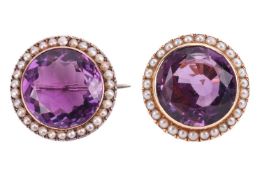 A large amethyst and seed pearl cocktail ring, and a matching brooch; the ring features a circular-c