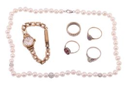 A mixed group of jewellery items comprising an amethyst and diamond-set floral ring, in a 9ct yellow