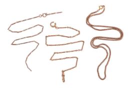 Three chains; a snake chain necklace, in unmarked pink metal, with a yellow metal C-spring clasp, su