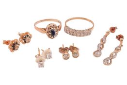 A small group of jewellery items comprising a sapphire and diamond-set ring, in 9ct gold, size O1/2,