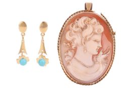 A shell cameo brooch and a pair of drop earrings; the shell cameo depicting the side profile of a la
